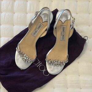 Jimmy Choo Silver Heels with Crystal Embellishments